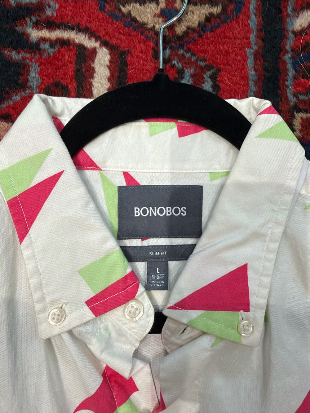 Bonobos White Button-Down Shirt with Pink & Light Green Triangle Print